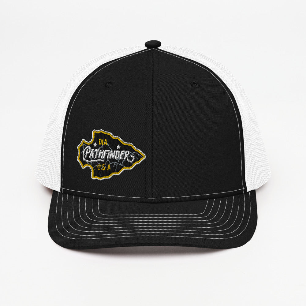 DIA Pathfinder Trucker Cap | Black/White | Men & Women | The Trucker Cap To Blaze Your Own Path to Greatness | Front