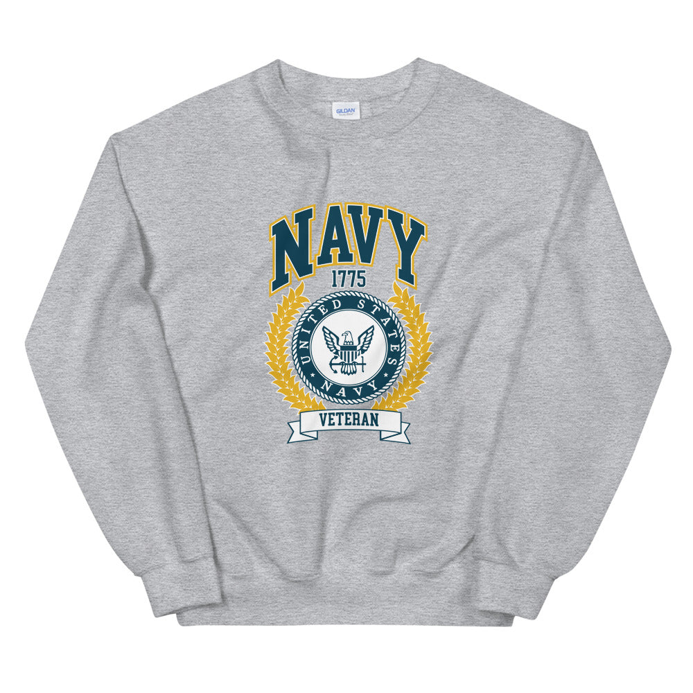 DIA United States Navy Veteran Vintage College Sweatshirt | Sport Gray | Men & Women | Forged by the Sea | Non Sibi Sed Patriae